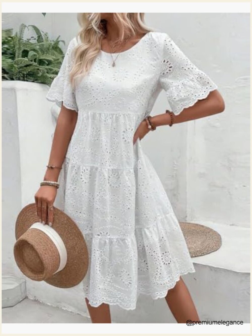 Lace Eyelet Short Sleeve Tiered Midi Dress Ruffle Hem Babydoll Style - Picture 2 of 6